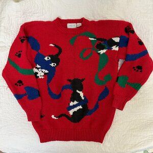 Vintage Chunky Red Holiday  Black & White Cat Sweater Medium